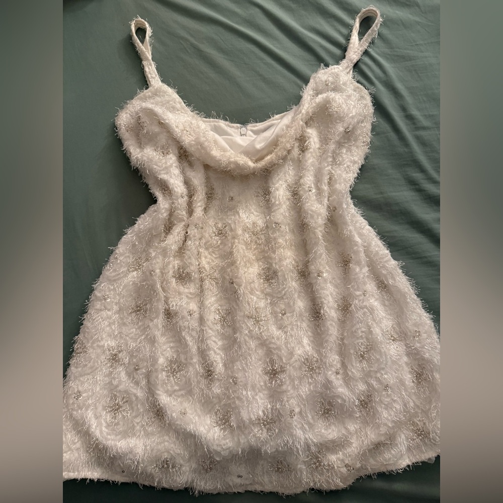 PrettyLittleThing Premium PLUS White Sequin Embroidered Cowl Neck Shift Dress